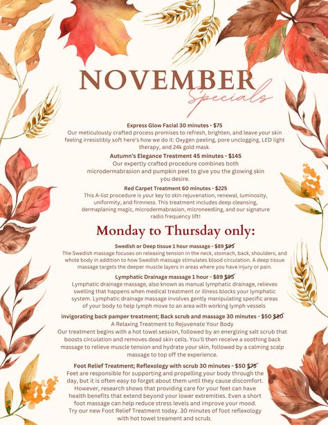 November specials! 🦃🍂 fall into these fall savings! Give us a call at 954-909-9065! #november #fall #spa #fortlauderdale Spa Promotion Ideas, Small Business Promotion Ideas, Pumpkin Peel, November Sale, Spa Specials, Massage Therapy Business, Promotion Ideas, Promote Small Business, Better Body