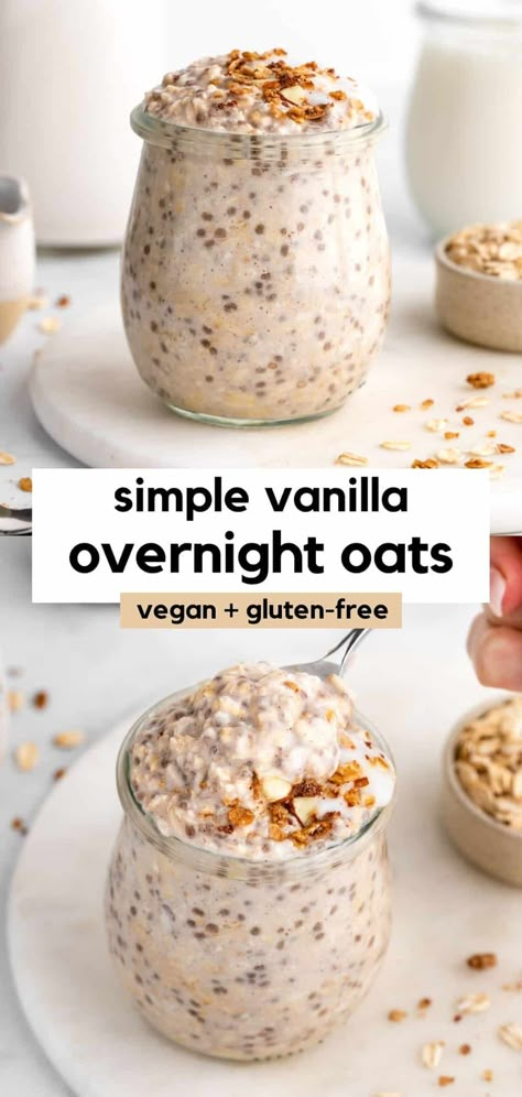 Vanilla overnight oats are healthy, vegan, gluten-free, and easy to make! The simple recipe is made in a jar with chia seeds, dairy-free yogurt, and almond milk. This meal prep breakfast idea is great for kids, busy families, and weight loss. You can add mix-ins and toppings, like protein powder and almond butter. They require just 5 minutes of prep time! #overnightoats #overnightoatmeal #oatmeal #oatmealrecipes #healthybreakfast #veganbreakfast #glutenfreevegan #mealprep #makeahead Cold Oats Recipe Overnight Oatmeal Chia Seeds, Overnight Oats With Oat Milk No Yogurt, Easy Overnight Oats Healthy Almond Milk, Overnight Oats And Chia Seeds In A Jar, Over Night Oats And Chia Seeds, Chia Protein Overnight Oats, Overnight Oats Healthy Vanilla, Overnight Oatmeal With Yogurt, Overnight Oats Healthy Coconut Milk