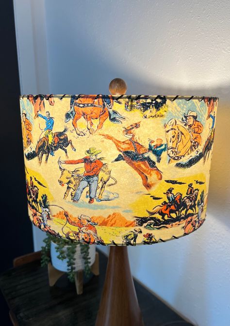 Mid Century Modern Vintage Style Fiberglass Lamp Shade Cowboy Rodeo Horse MCM Wild West Cactus John Wayne Roy Rogers Retro Bohemian Farm 13 - Etsy Mid Century Modern Cabin Decor, Modern Western Decor, Vintage Cowboy Nursery, Cowboy Lamp, Equine Decor, Cowboy Bedroom, Vintage Rustic Decor, Western Lamps, Vintage Western Decor