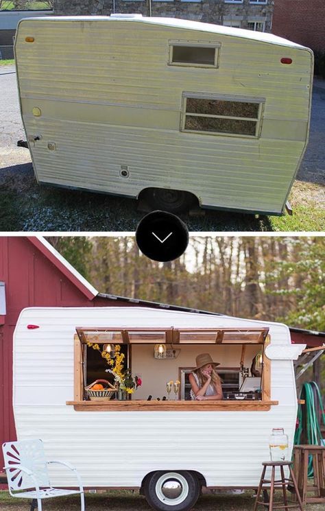 Before & After: 1971 Shasta Camper Makeover Foodtrucks Ideas, Trailer Makeover, Shasta Camper, Kombi Motorhome, Camper Vintage, Mobile Coffee Shop, Coffee Trailer, Camper Diy, Camping Vintage