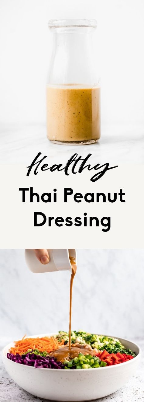 Deliciously addicting, healthy Thai peanut dressing made with simple ingredients and creamy, peanut butter flavor. You're going to love this easy, 5-ingredient Thai peanut dressing recipe as a go-to for salads or as a flavorful sauce! #peanutbutter #dressing #saladdressing #dairyfree Peanut Butter Salad Dressing, Peanut Dressing Recipe, Thai Peanut Dressing, Peanut Butter Salad, Dipping Sauces For Chicken, Mason Jar Salad Recipes, Ambitious Kitchen, Peanut Dressing, Salad Dressing Recipes Homemade