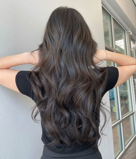 Long Cool Toned Brown Hair, Long Brunette Hair Pale Skin, Dark Natural Balayage, Dark Brown Inspo Hair, Dark Brown Hair On Black Hair, Dark Mauve Hair Color, One Tone Dark Brown Hair, Dark Balayage Cool Tone, Brown Hair Colors On Black Hair