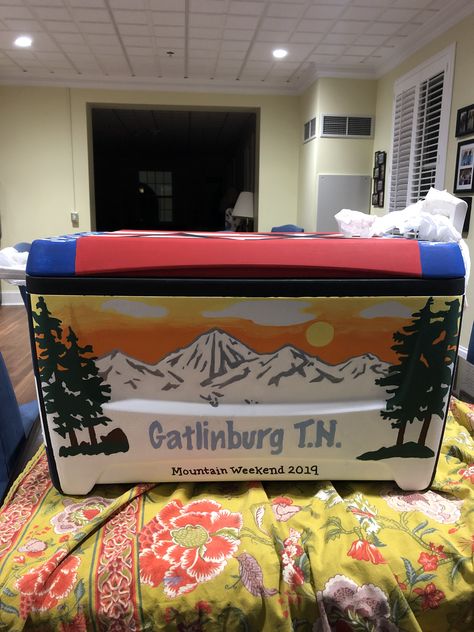 Gatlinburg Mountain Weekend fraternity cooler Frat Formal Coolers Mountains, Gatlinburg Frat Cooler, Frat Cooler Mountain Weekend, Frat Coolers Mountain Weekend, Ato Cooler, Frat Coolers Ideas, Mountain Weekend Cooler, Painted Fraternity Coolers, Nola Cooler