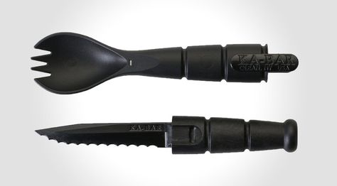 Ka-Bar Tactical Spork. The handle includes a 2.5-inch serrated tactical knife. | gifts for men Multitool Edc, Survival Card, Camping Utensils, Bicycle Touring, Ka Bar, Survival Bag, Camping Parties, Karambit Knife, Kydex Sheath