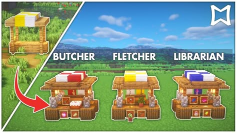 Village Stands Minecraft, Minecraft Villager Shop Idea, Minecraft Villager Workstations, Minecraft Toolsmith Shop, Village Shop Minecraft, Minecraft Villager Trading Stands, Minecraft Villagers Workstation, Minecraft Farmer Market, Minecraft Outdoor Market