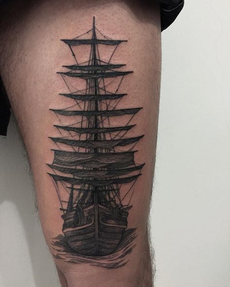 Boat thigh tattoo for men - 100 Boat Tattoo Designs  <3 <3 Mens Side Tattoos, Sailing Tattoo, Traditional Ship Tattoo, Thigh Tattoo Men, Boat Tattoo, Literary Tattoos, Triangle Tattoos, Nautical Tattoo, Back Tattoos For Guys