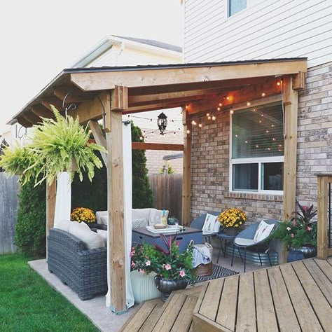 Outdoor Patio Off House, Patios For Small Backyards, Side Of Garage Patio Ideas, Non Covered Patio Ideas, Backyard And Patio Ideas, Backyard Patio Pergola Ideas, Patio Under Pergola, Covered Patios Not Attached To House, Pergola Next To Deck