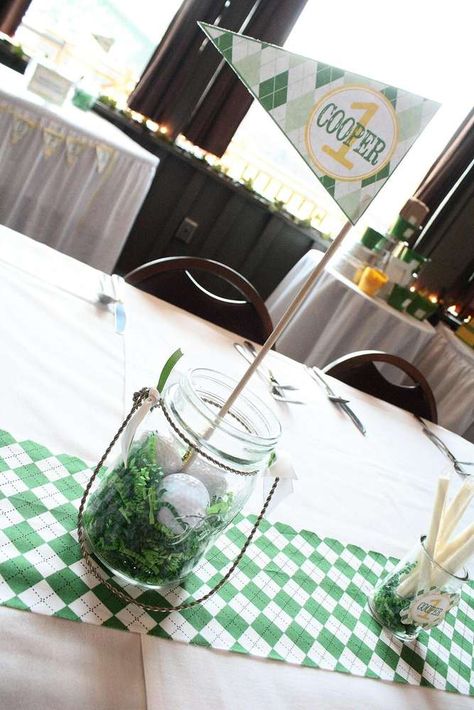 Masters Golf 1st Birthday Party | CatchMyParty.com Golf Birthday Party Ideas, Golf 1st Birthday Party, Golf 1st Birthday, Golf Centerpieces, 40th Birthday Games, Golf Baby Showers, Golf Theme Party, Golf Party Decorations, Golf Wedding