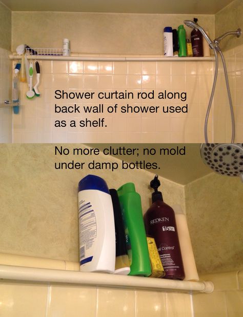 Why didn't I think of this before? Great way to de-clutter & keep bottle bottoms dry. Hang dry body & tub scrubbers by hanging from shower curtain hooks. Tiny Shower Organization, Diy Shower Rack Ideas, Shower Hacks Storage, Basket On Wall, Shower Storage Solutions, Pinterest Bathroom, Organization Baskets, Bathroom Shower Organization, Bathroom Hacks