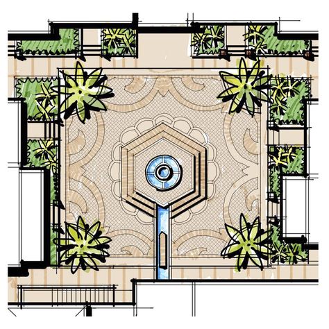 Elevated Accent Fountain at Eton Reef Villa Complex in Vanuatu with Designiconz Landscape Ideas For Villa, Courtyard Design Plan Landscape, Fountain Architecture Drawing, Islamic Garden Landscape, Fountain Plan Architecture, Classical Garden Design, Islamic Landscape Design Plan, Triangular Courtyard, Landscaping Plans Layout Design