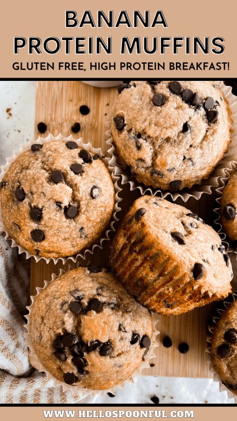 Banana Protein Muffins - Hello Spoonful Healthy Protein Banana Recipes, Best Protein Muffins, Healthy High Protein Banana Muffins, Banana Power Muffins, Homemade Protein Muffins, Healthy Protein Muffin Recipes, Protein Muffin Recipes Easy, Healthy Protein Baked Goods, Low Calorie High Protein Muffins