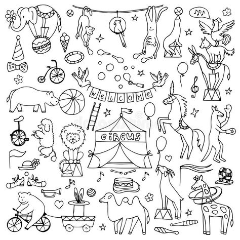 Hand drawn circus set vector illustration Circus Doodles, Welcome To The Circus, Objects Illustration, Circus Tattoo, Circus Illustration, Max Beckmann, Kids Carnival, Chibi Sketch, Murals For Kids