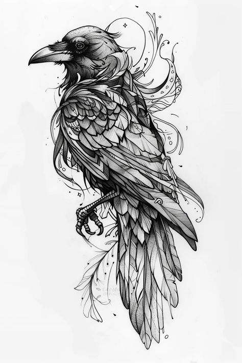 Meaning Of Raven Tattoo | 90+ Raven Tattoo Design Ideas – Flash Your Tat Raven Reading A Book, Crow Or Raven Tattoo, Crow Dream Catcher Tattoo, Nordic Tattoo Raven, Crow Tattoo Design For Women, Floral Crow Tattoo, Flock Of Ravens Tattoo, Birds Of Prey Tattoos Women, Feminine Raven Tattoo Beautiful