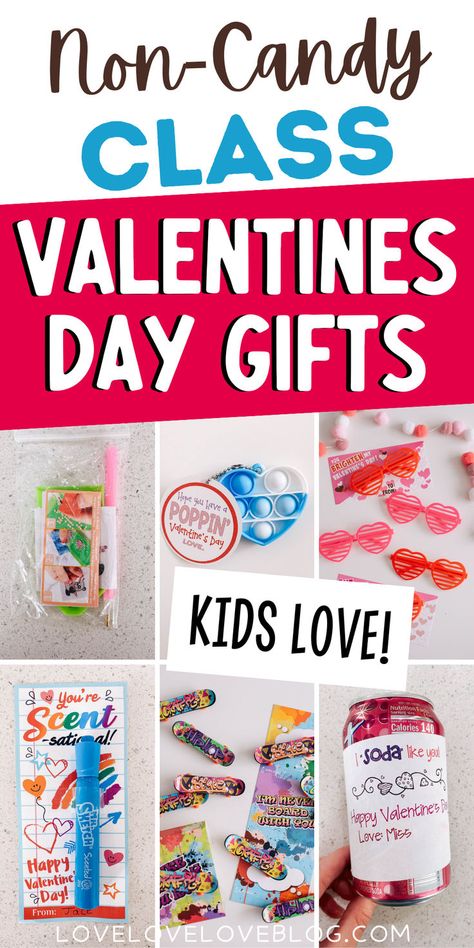 Collage of non-candy and non-food Valentine's gifts for kids in the classroom. Unique Valentines Kids, Class Gift Ideas, Teacher Valentine Cards, Valentines Candy Gifts, Class Valentines Gifts, Valentine's Day Gifts For Kids, Valentines Diy Kids, Kindergarten Valentines, Diy Valentines Cards