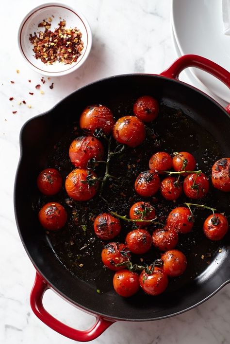 Pan-Seared Tomatoes on the Vine | When you can find cherry tomatoes on the vine at the farmers’ market, show off their pretty color and fresh summer flavor by preparing them simply, tossing them with olive oil and cooking them briefly over high heat to bring out their sweet flavor. Pan Seared Tomatoes, Seared Tomatoes, Broccoli Lasagna, Easy Main Course Recipes, Tomatoes On The Vine, William Sonoma, French Lifestyle, Veggie Tales, Healthy Side