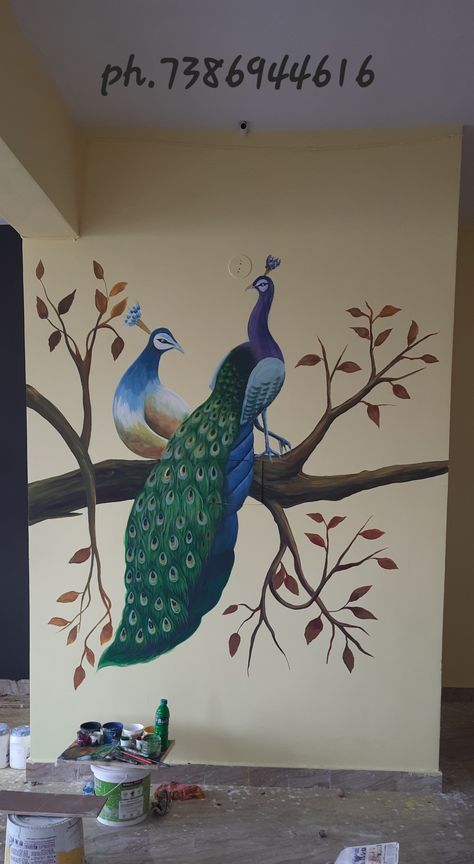 Peacock painting on wall Peacock Wall Painting Ideas, Morpankh Painting, Wall Painting Ideas Bedroom Unique, Peacock Wall Painting, Krishna Wall Painting, Painting On Wall, Simple Wall Paintings, Hall Painting, Home Wall Painting