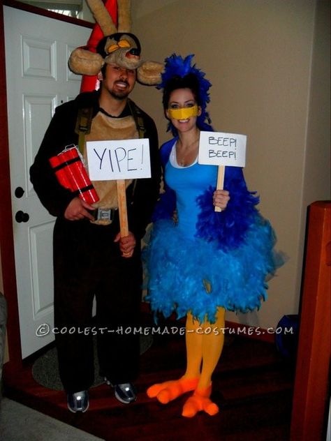 My husband and I went as Wile E. Coyote and The Roadrunner. We LOVED this costume and so did all of our friends. Wile E. won 1st place in the costume conte Roadrunner And Coyote Costume, Wile E Coyote Costume, Road Runner Costume Diy, Wiley Coyote And Road Runner, Road Runner Costume, Roadrunner Costume, Coyote Costume, Homemade Couples Costumes, Bird Hat