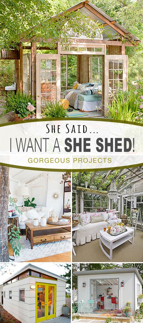 Awesome SHE SHED ideas and projects! - Check out this post on fabulous She Shed DIY tutorials, projects and inspiring ideas! #sheshed #DIYshedshed #sheshedprojects #DIYsheshedprojects #DIYshed #sheshedhowto She Shed Diy, Diy She Shed, Shed Diy, Storage Shed Plans, Shed Kits, Backyard Shed, Diy Outdoor Decor, Casa Container, She Sheds