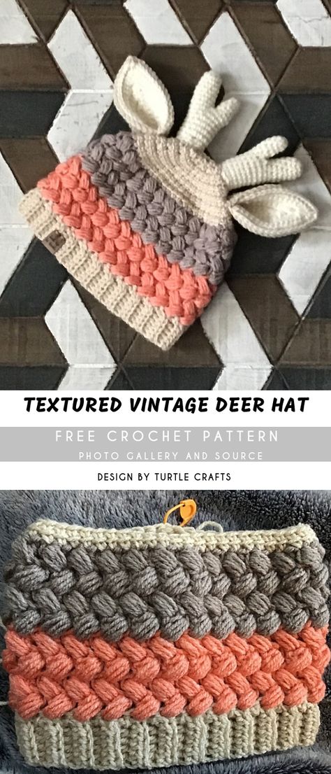 Textured Vintage Deer Crochet Hat FREE | Pattern Center Crochet For Two Year Old, Crochet Deer Ears Free Pattern, Crochet Deer Antlers Free Pattern, Crochet Fun Hats Free Pattern, Crochet Antlers Pattern Free, Deer Crochet, Crochet Beanies, Crochet Deer, Crochet Kids Hats