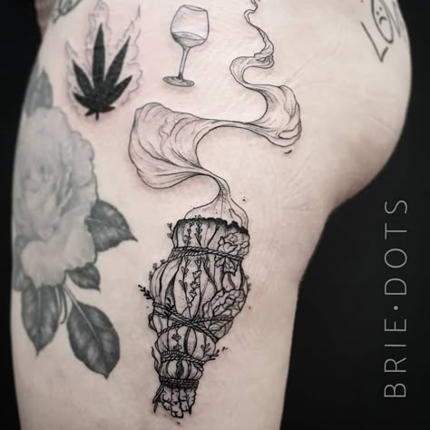 Witchy Filler Tattoo Ideas, Witchy Tattoo Fillers, Sage Burning Tattoo, Witchy Gap Filler Tattoo, Burning Sage Tattoo, Hedge Witch Tattoo, Large Witchy Tattoos, Sage Bundle Tattoo, Goth Cottage Core Tattoo