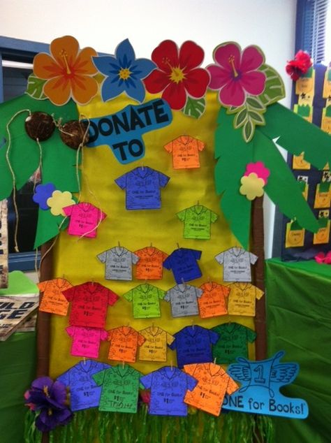 Book fair luau theme...donation board Luau Book Fair, 2023 Adventure, Treasured Vbs, School Library Book Displays, Relay Ideas, Science Exhibition, Book Fairs, Fair Theme, Adventure Island