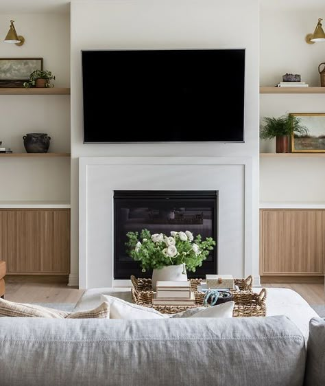 Minimalist Chimney Living Rooms, Living Room Center Piece Ideas, Concrete Look Fireplace Mid Century, Tv Built In Fireplace, Fireplace On Flat Wall Mantles, Electric Fireplace Formal Living Room, Large Living Room Two Seating Areas, Renovate Fireplace Ideas, Glass Front Fireplace Built Ins