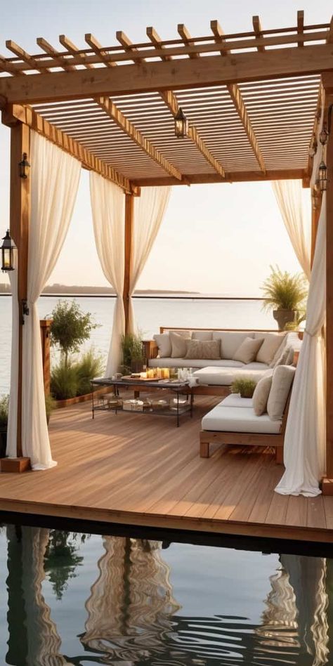 29 Pergolas with Privacy Screens for Intimate Outdoor Escapes - Peak Patio Life Pergola Drapes, Bali Outdoor, Wall Pergola, Rustic Pergola, Deck Seating, Pergola Curtains, Floating Deck, Modern Pergola, Caribbean Beach