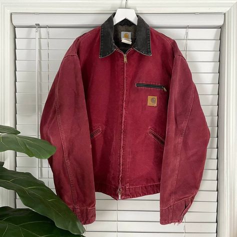 Vintage Vintage 90s Carhartt Detroit Jacket | Grailed Aesthetic Jackets Vintage, Red Carhartt Jacket, Vintage Carhartt Detroit Jacket Outfit, Cathartic Detroit Jacket, Distressed Carhartt Jacket, Retro Jackets, Vintage Carhartt Large Detroit Duck, Vintage Jacket Outfit, Aesthetic Clothes Men