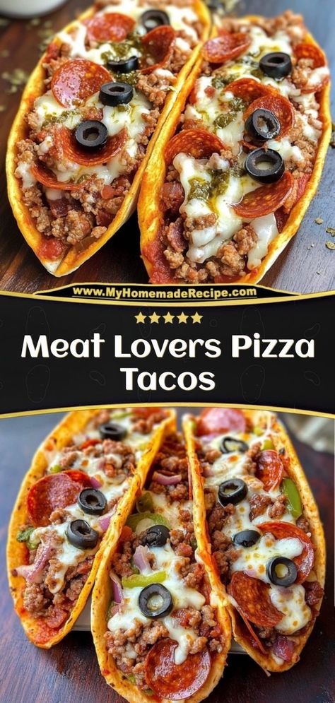 These pizza tacos are loaded with pepperoni, sausage, and melted cheese, giving you all the flavors of a meat lover's pizza in taco form! Ingredients: 8 small tortillas 1 cup shredded mozzarella ½ cup pepperoni slices ½ cup cooked sausage, crumbled Enjoy these tacos for a unique, pizza-inspired snack Meat Lovers Pizza Tacos Recipes, Pizza Tacos Flour Tortillas, Unique Tacos Recipes, Pizza Tacos Recipes, Crispy Tortilla Pizza, Pizza Using Tortilla Wraps, Tortilla Shell Pizza, Pizza Sausage Recipe, Meat Lovers Pizza Tacos