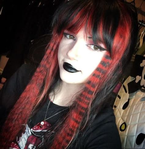 ☠ Cheyanne ☠ Hairstyle Ideas For Black Hair, Black Hair And Red Underneath, Red Black Scene Hair, Scene Hair Middle Part, Ramona Flowers Hairstyle, Orange Raccoon Tail Hair, Red And Black Hair Dye Ideas, Red Raccoon Tail Hair, Top Layer Of Hair Dyed