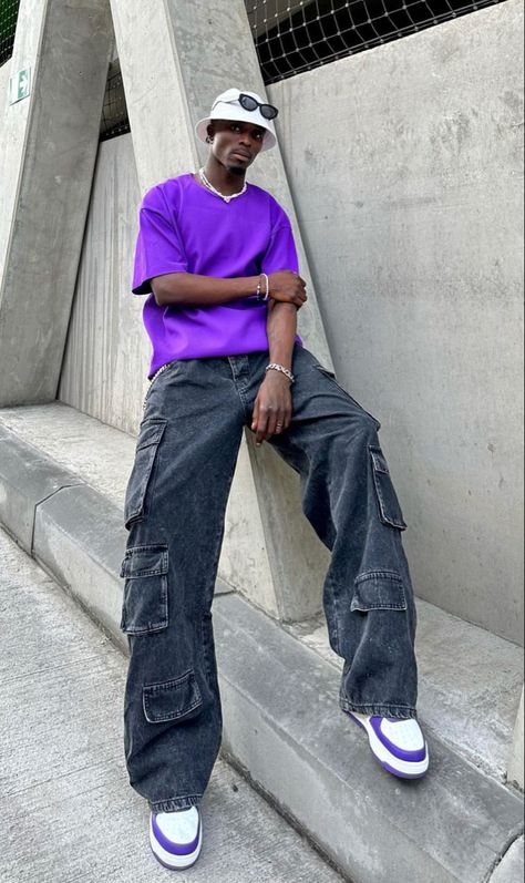 Purple Fits Aesthetic Men, Men Purple Outfit, Purple Outfits Men, Hbcu Aesthetic, Guts Outfit, Purple Pants Outfit, Forces Outfit, Team Photoshoot, Purple Streetwear