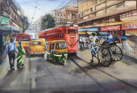 Old Kolkata, Kolkata Painting, City Watercolor Painting, Kolkata City, City Scape Painting, Watercolor Indian, Master Watercolor, Watercolor Scenery, Composition Painting