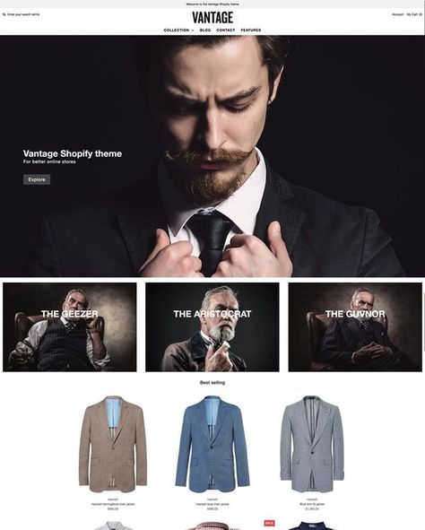 30+ Mens Fashion & Accessories Website Themes (Menswear Shopify Themes) - Vantage Screenshot Cheap Clothes Online Website, Mens Website Design, Men Fashion Website Design, Shopify Jewelry Website Design, Shopify Theme Design, Shopify Theme Templates, Shopify Tshirt Website Design, Fashion Web Design, Fashion Website Design