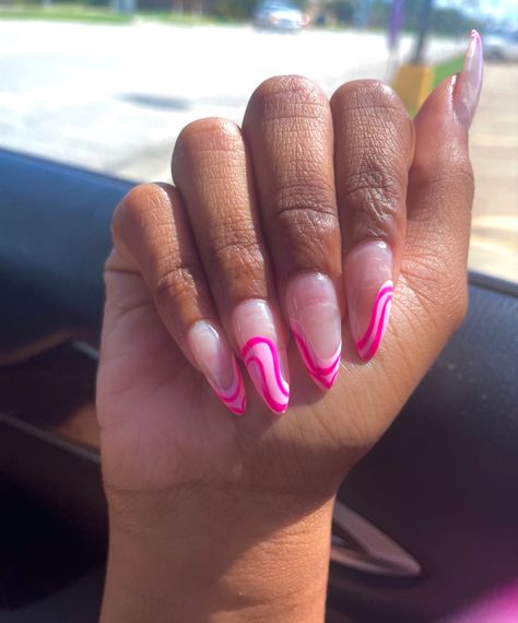 super cute hot and baby pink frnech tips and a swirly design Swirly Nail Designs Pink, Swirl French Tip Nails, Pink Swirl Nails, Swirly Nails, Hot Pink French Tips, Plain Acrylic Nails, Swirly Designs, Hot Pink Nails, Pink Nail Designs