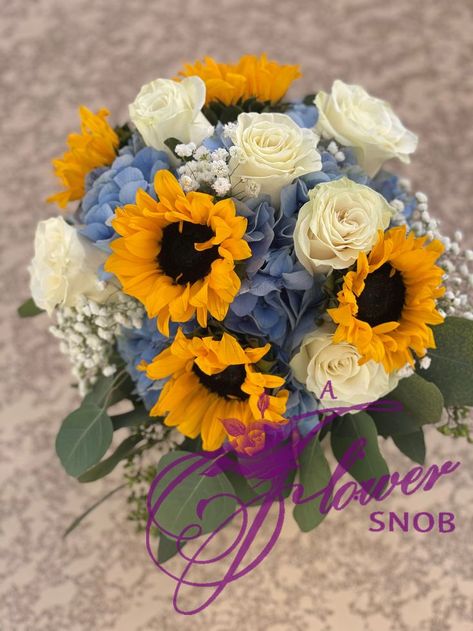 Sunflower And Blue Hydrangea Bouquet, Dusty Blue Navy And Yellow Wedding, Dusty Blue And Sunflower Wedding, Light Blue And Yellow Wedding, Wedding Blue And Yellow, Blue Sunflower Wedding, Light Blue Hydrangea, Rustic Wedding Blue, Blue Hydrangea Bouquet