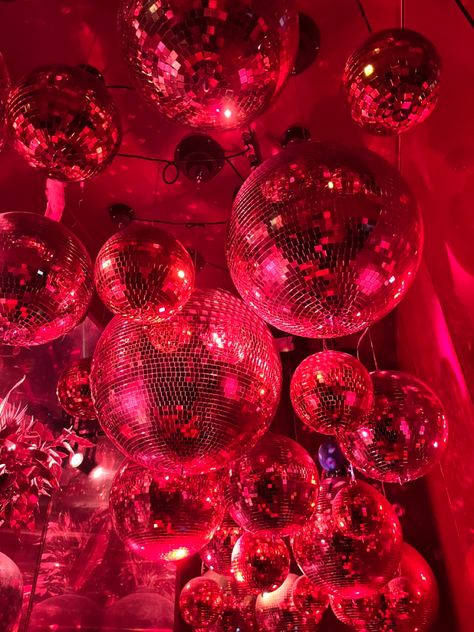 Discoball Red And Silver Aesthetic, Haunted Disco, Cherry Disco Ball, Red Party Themes, Cherry Disco, Leo Szn, 21st Night Of September, Christmas Disco, Disco Christmas