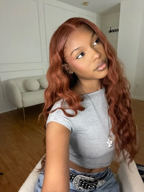 Hair Color Ideas Cooper, Brown Red Hair Black Women, Autumn Color Hair Black Women, Autumn Hair Black Women, Cooper Brown Hair Color Black Women, Muted Ginger Hair, Amber Wigs, Ginger Hair Light Skin, Colored Sew In