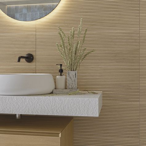 Cloakroom Tile Ideas, Wood Bathroom Tile, Fluted Tile Bathroom, Wood Effect Wall Tiles, Fluted Wood Wall, Fluted Wall Tile, Wood Look Tile Bathroom, Wood Effect Wall, Modern Tile Patterns