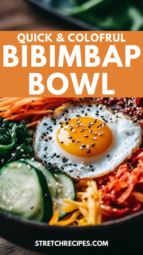 Dive into this Simplified Colorful Bibimbap Bowl! Featuring sushi rice and an array of vibrant veggies, it’s a feast for both the eyes and the palate. This easy Korean bibimbap recipe is perfect for any night of the week. Save this for later and click through for the full guide! Bibimbap Rice Bowl, Korean Bibimbap Recipe, Korean Bimbap Bowls, Easy Bibimbap Recipe, Bimbimbop Bowl, Bibibop Bowls Recipe, Bim Bim Bap Recipe, Simple Asian Rice, Korean Bowl Recipe