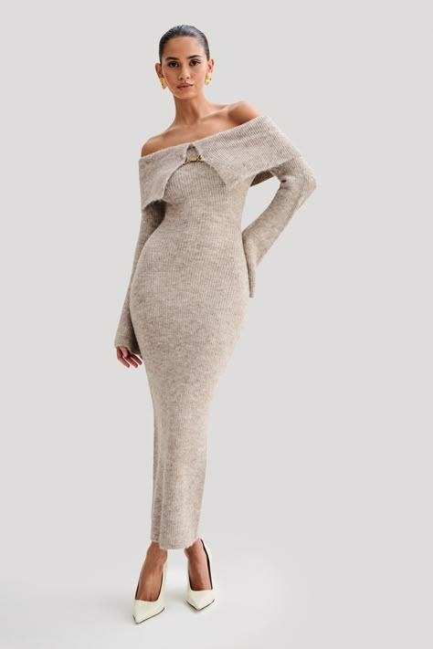 Minimum effort, maximum outfit.The BAXTER Off Shoulder Fluffy Knit Midi Dress exudes effortless allure with its mesmerising Bardot neckline and off-the-shoulder design, accentuated by overlay detail and centre front hardware embellishments. Its bodycon silhouette, long sleeves, and midi length offer timeless elegance, while the fluffy knit fabrication adds texture and luxury. Perfect for glamorous occasions, pair it with statement heels for a look that commands attention and exudes sophisticatio Bolero With Dress Outfit, Winter Baby Shower Dress For Mom, Timeless Fashion Outfit Ideas, Midi Sweater Dress Outfit, Maroon Dress Outfit, Maxi Dress Outfits, Knit Dress Long Sleeve, Color Vison, Long Knit Dress