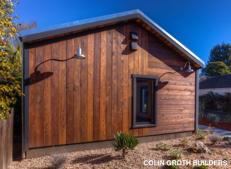 How To Clean & Stain Weathered Redwood Siding - Building Advisor Shed Stain Ideas, Redwood Siding Exterior, Redwood House, Wood Cabin Exterior, Staining Cedar Wood, Outdoor Siding, Redwood Siding, Cedar Cabin, Cedar Stain