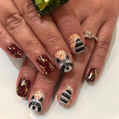 Woodland Creature Nail Art, Wildlife Nail Art, Fall Animal Nails, Raccoon Nail Art, Squirrel Nails, Raccoon Nails, Flannel Nail Art, Acorn Nails, Woodland Nails