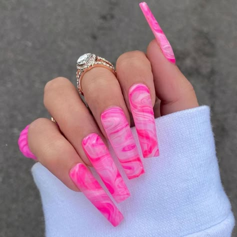 Long Girly Acrylic Nails Pink, Fluro Nails, Hot Pink Marble Nails, Marbled Nails, Nails Marble, Barbie Nails, Unghie Nail Art, Drip Nails, Cute Acrylic Nail Designs