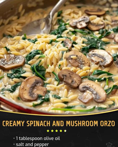 Creamy Orzo Recipes, Chicken Spinach Mushroom, Mushroom Orzo, Creamy Orzo, Spinach And Mushroom, Mushroom Spinach, Spinach Mushroom, How To Cook Mushrooms, Creamy Spinach