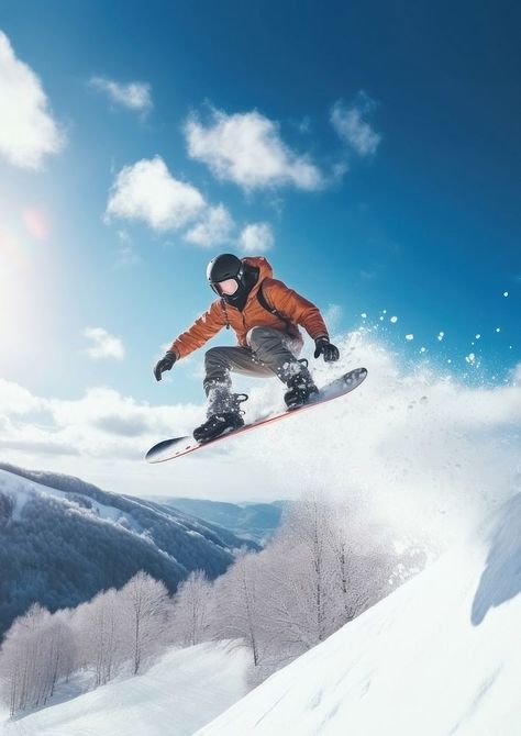 a photo of the man jumping with snowboard from the hill. AI generated Image by rawpixel. | free image by rawpixel.com / Hein Snowboarding Jump, Snowboard Jump, Snowboarding Tips, Snowboarding Aesthetic, Man Jumping, Snow Boarding, Vision Board Pictures, The Hill, Winter Sports