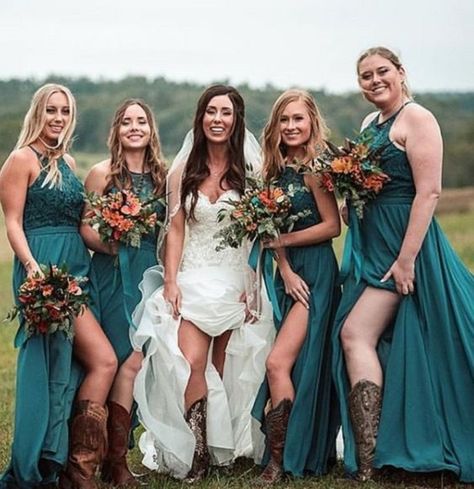 Teal Country Wedding Colors for 2024, Teal Bridesmaid Dresses, Teal Bridal Boots - ColorsBridesmaid Wedding Bouquets Teal, Western Wedding Bridesmaids, Teal And Orange Wedding, Western Bridesmaid Dresses, Country Wedding Dresses Bridesmaid, Country Wedding Colors, Country Wedding Bridesmaids, Teal Wedding Cake, Country Bridesmaid