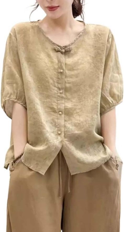 Summer Hanfu Cotton-Ramie Casual Loose Blouse 3/4 Sleeve V Neckline Chinese Traditional Clothes with Chinese Frog Button Tops A5 - XL Multicolor at Amazon Women’s Clothing store Cotton Tops For Jeans, Linen Outfits, Rakhi Design, Ladies Top, Traditional Clothes, Chinese Traditional, Loose Blouse, V Neckline, Linen Top