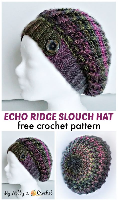 The Echo Ridge Slouch Hat is  a beautiful textured crochet hat,  warm and comfy to wear. Crochet Slouchy Hat Free Pattern, Slouch Hat Crochet Pattern, Slouchy Hat Crochet Pattern, Pola Topi, Crochet Beanie Pattern Free, Crochet Slouch Hat, Crochet Adult Hat, Crochet Slouchy Hat, Crochet Beret