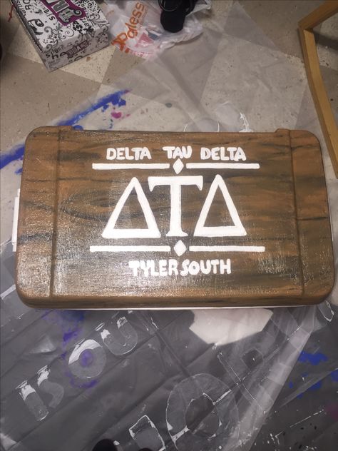 Delta Tau Delta wood design on fraternity cooler Frat Coolers Ideas, Nola Cooler, Fraternity Cooler, Delta Tau Delta, Formal Cooler Ideas, Fraternity Coolers, Formal Cooler, Cooler Ideas, Frat Coolers