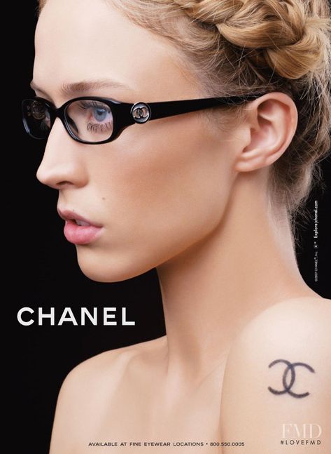 Chanel Ad Campaign, Chanel Tattoo, Chanel Ad, Raquel Zimmermann, Chanel Eyewear, Chanel Glasses, Vogue Archive, Designer Glasses, Tattoo Trends